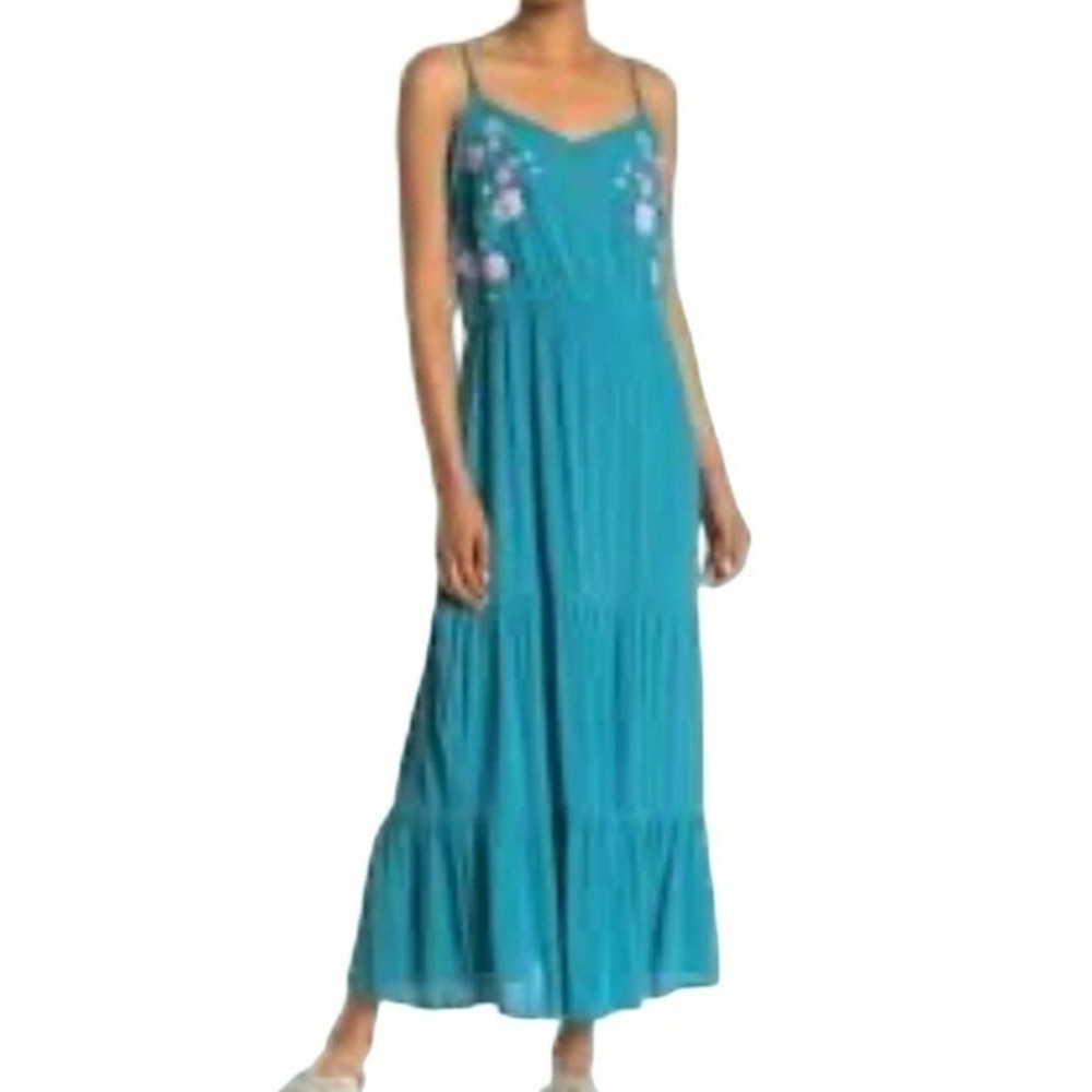 Fourteenth Place Teal Maxi Dress Pink Floral Embroidered Ruffle Sundress Fits XL